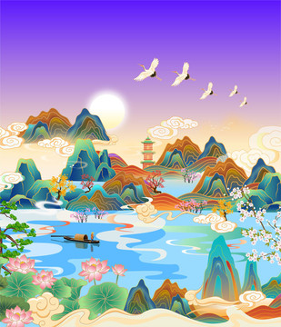國(guó)潮山水風(fēng)景矢量插畫(huà)