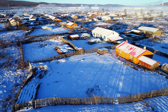 大兴安岭林区冬季林场山村雪景