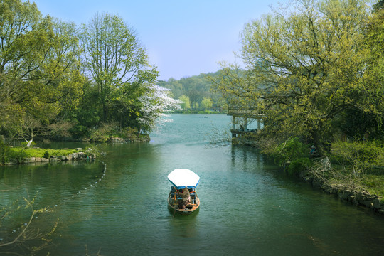 杭州西湖花岗观鱼摇橹船