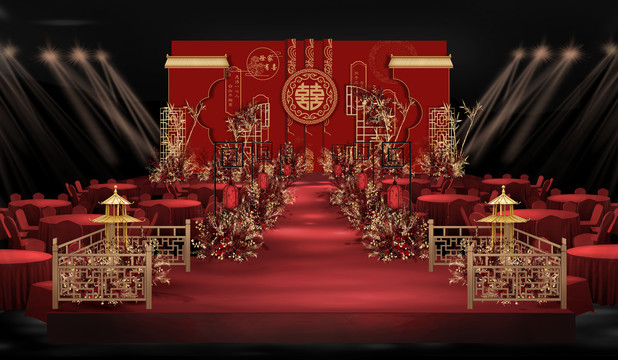 红色中式舞台婚礼效果图
