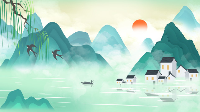 水墨山水風(fēng)景插畫(huà)