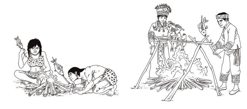 少數(shù)民族原始人燒烤畫稿