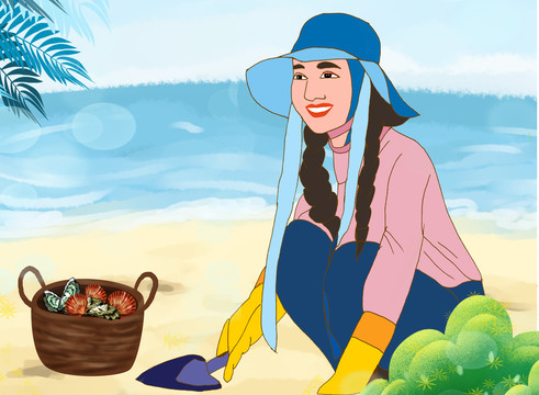 唯美插畫海邊沙灘趕海女人插畫