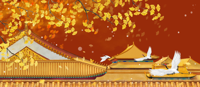 手繪故宮銀杏插畫