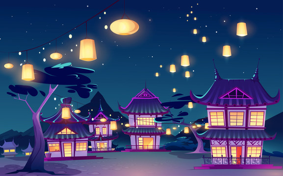 夜間廟宇燈籠高掛插圖