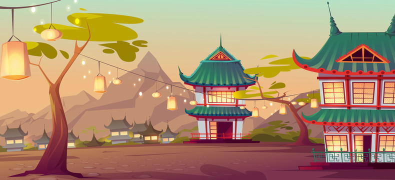 白天廟宇燈籠景觀插圖