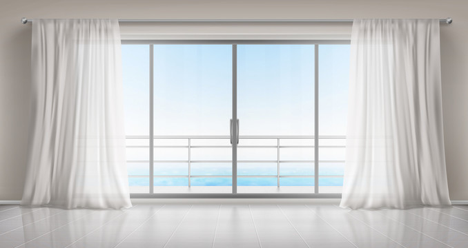 白色窗帘落地窗 海洋景观背景