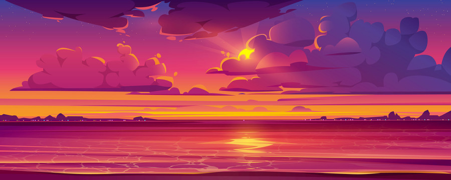 紫紅色浪漫夕陽(yáng) 照映海洋插圖