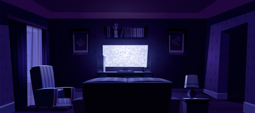 開著電視的夜晚客廳插圖