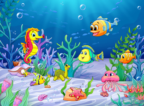 海底世界海洋生物卡通插畫