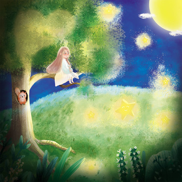 手绘坐在树上看月亮的女孩插画