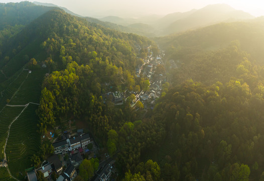 航拍浙江杭州西湖龙井村茶山