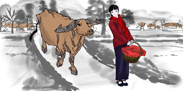 手繪卡通農(nóng)村生活水墨插畫人物