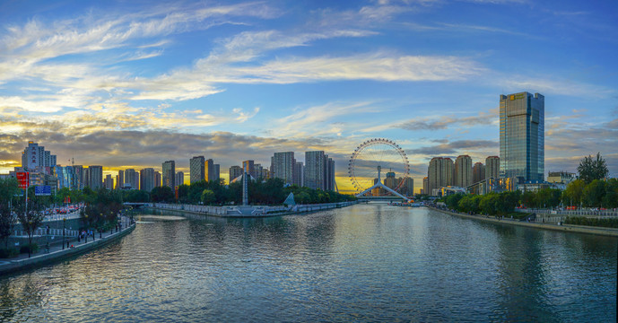 天津之眼晚霞天津城市风光全景