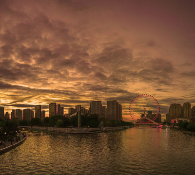 天津之眼晚霞天津城市风光夜景