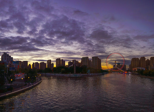 天津之眼晚霞天津城市风光夜景