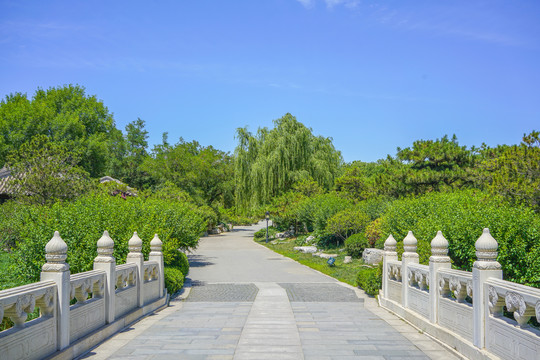 中式园林公园步道汉白玉石桥