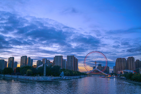 天津之眼夜景天津城市夕阳晚霞