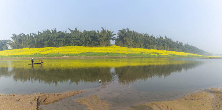 蓝天油菜花河流小船水面光影