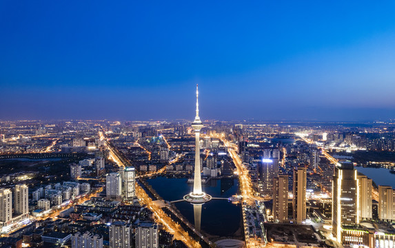 天津城市高楼夜晚航拍