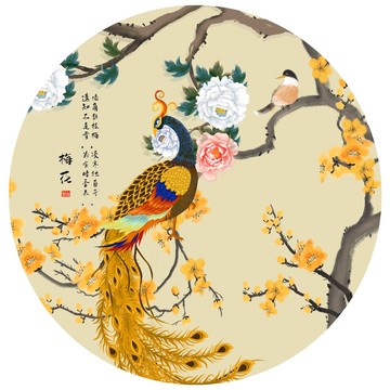 水墨梅花孔雀挂画壁画壁纸