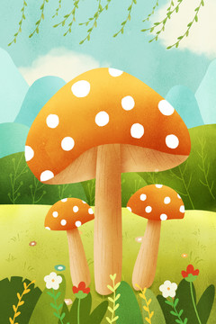 手绘三只可爱蘑菇插画