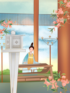 國風(fēng)場景美女撫琴插畫
