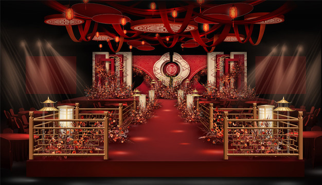 香槟红色中式婚礼舞台设计