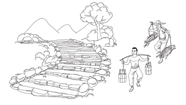 在山間挑水砍柴線稿