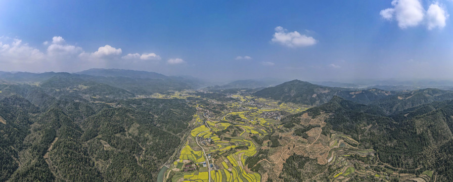 美丽乡村田园油菜花全景图航拍