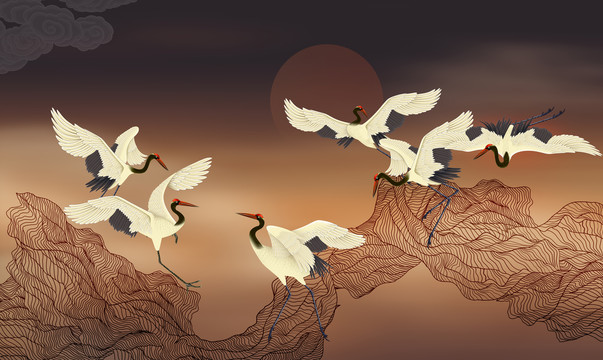 禪意線條仙鶴背景墻