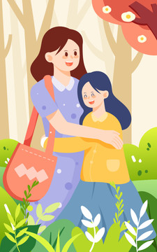 感恩母親節(jié)母女擁抱一家人插畫