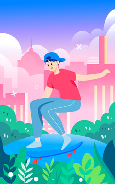 五四青年節(jié)滑板少年運動插畫