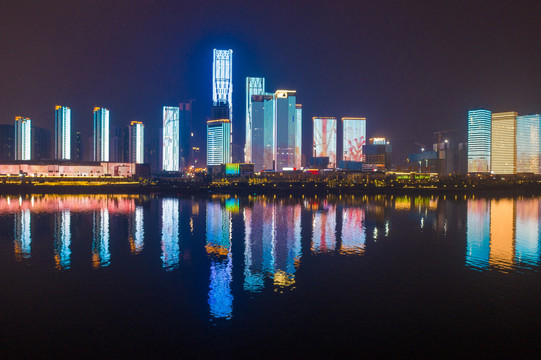 航拍湖南长沙城市夜景风光