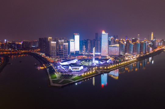 航拍湖南长沙城市夜景风光