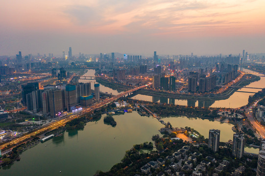 航拍湖南长沙城市夜景风光