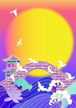 七夕海上明月背景豎版無字
