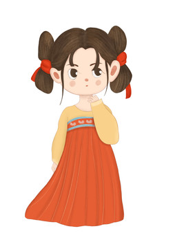 兒童插畫可愛古裝紅裙女孩