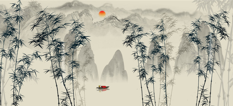 中式水墨竹子壁畫(huà)背景墻