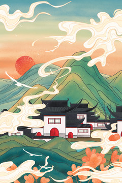 徽派建筑插畫