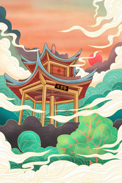 亭臺建筑插畫