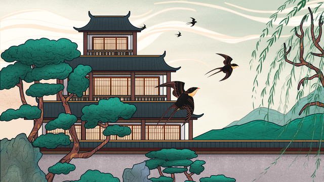 中式建筑插畫
