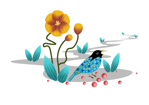 彩色植物和小鸟