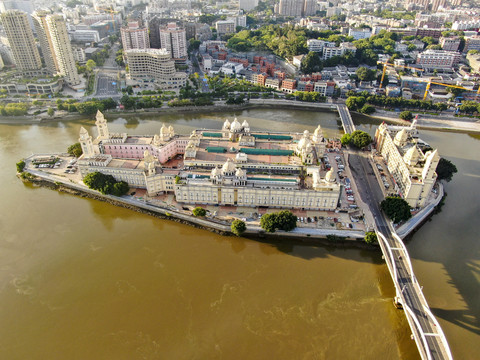 航拍福建福州闽江中洲岛