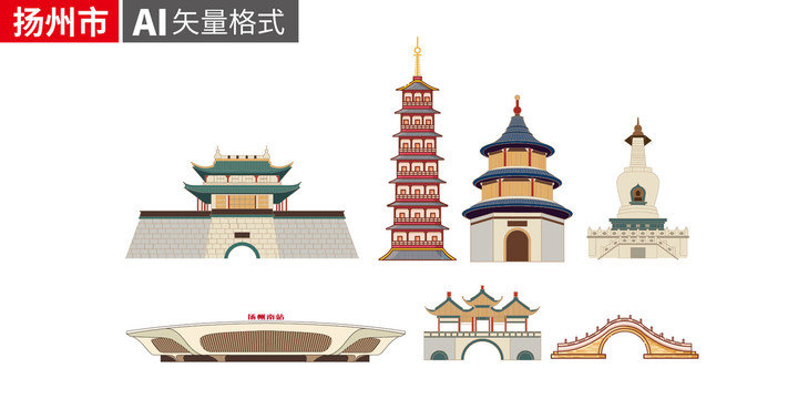 扬州手绘城市地标建筑剪影展板