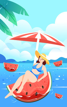 夏天美女海邊解暑立夏節(jié)氣插畫