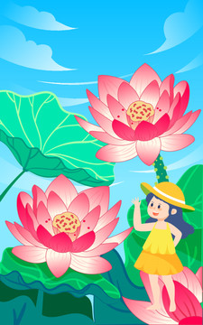 夏天女孩池塘荷葉降暑立夏插畫