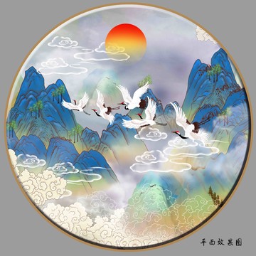 圆形国潮水墨山水画