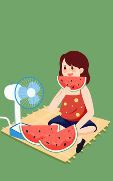夏天人物公園乘涼女孩草地插畫
