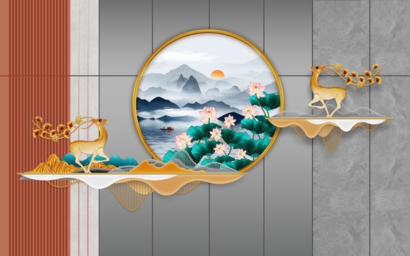 荷花山水背景墻